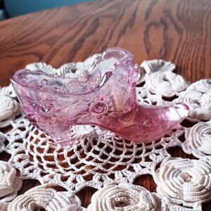 Fenton Vintage 70s Opalescent Pink Art Glass Floral Roses High Heel Shoe